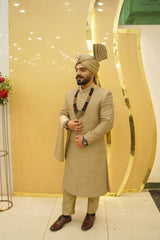 Golden Embroidered Sherwani Set with Turban and Mala
