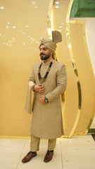 Golden Embroidered Sherwani Set with Turban and Mala