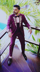 Plum Color Tuxedo With Golden Embroidery