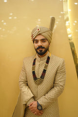 Golden Embroidered Sherwani Set with Turban and Mala