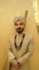 Golden Embroidered Sherwani Set with Turban and Mala