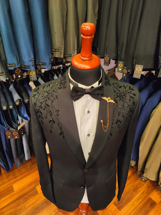 Luxury Black Embroidered Tuxedo Blazer
