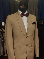 Beige Satin Tuxedo with Contrast Maroon Bow Tie