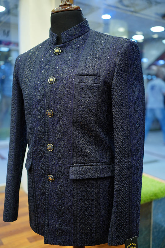 Midnight Blue Embroidered Sherwani with Subtle Sequin Accents