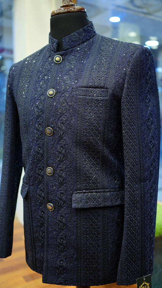Midnight Blue Embroidered Sherwani with Subtle Sequin Accents
