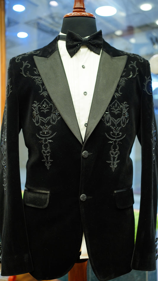 Black Velvet Tuxedo suit with Embroidery and Plan Black pant