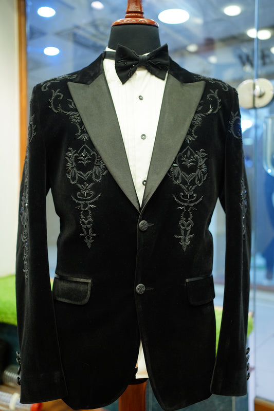 Black Velvet Tuxedo Blazer with Subtle Embroidered Detailing