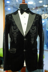 Black Velvet Tuxedo Blazer with Subtle Embroidered Detailing