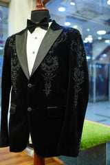 Black Velvet Tuxedo Blazer with Subtle Embroidered Detailing
