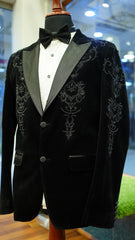 Black Velvet Tuxedo suit with Embroidery and Plan Black pant