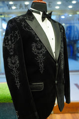 Black Velvet Tuxedo Blazer with Subtle Embroidered Detailing