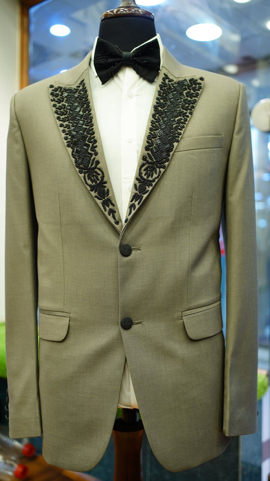 Khaki Tuxedo Suit with Black Hand Embriodrory.
