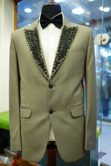Beige Tuxedo Suit with Black Hand Embriodrory.
