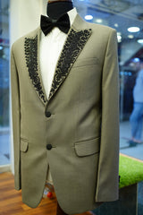 Beige Tuxedo Suit with Black Hand Embriodrory.