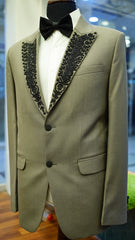 Khaki Tuxedo Suit with Black Hand Embriodrory.