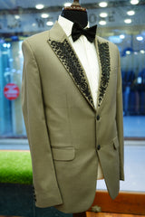 Beige Tuxedo Suit with Black Hand Embriodrory.