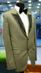 Khaki Tuxedo Suit with Black Hand Embriodrory.