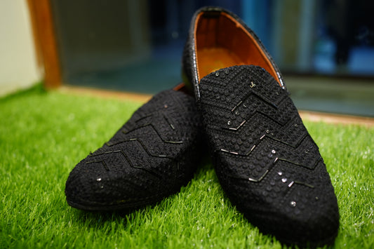 Black Embellished Ethnic Loafers for Men