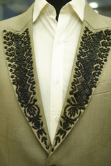 Beige Tuxedo Suit with Black Hand Embriodrory.