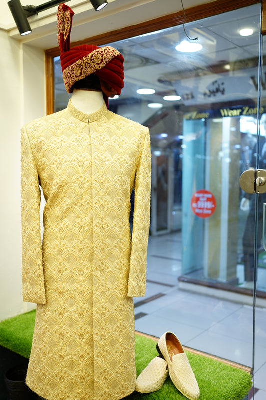 Royal Golden Groom Sherwani – Full Hand Embroidered with Turban & Khoosa