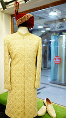 Royal Golden Groom Sherwani – Full Hand Embroidered with Turban & Khoosa
