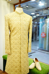 Royal Golden Groom Sherwani – Full Hand Embroidered with Turban & Khoosa