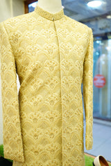 Royal Golden Groom Sherwani – Full Hand Embroidered with Turban & Khoosa