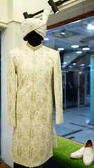 OFF-WHITE MESSORI SHERWANI with Detailed Hand Embriodry WITH TURBUN+KHOOSA