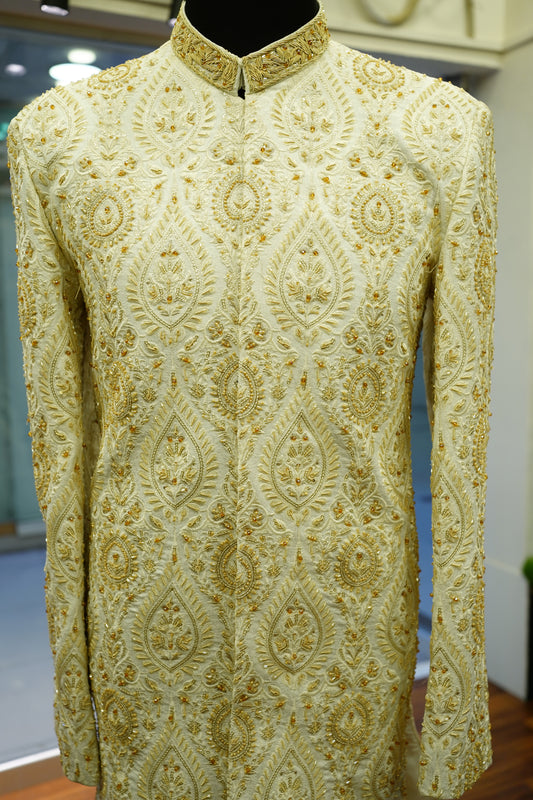 OFF-WHITE MESSORI SHERWANI with Detailed Hand Embriodry WITH TURBUN+KHOOSA