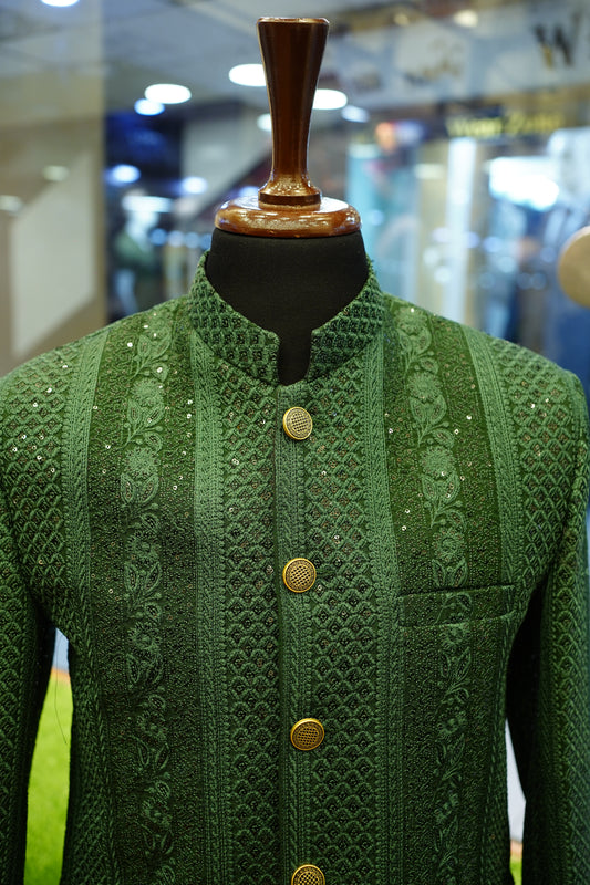 Emerald Green Hand-Embroidered Royal Sherwani