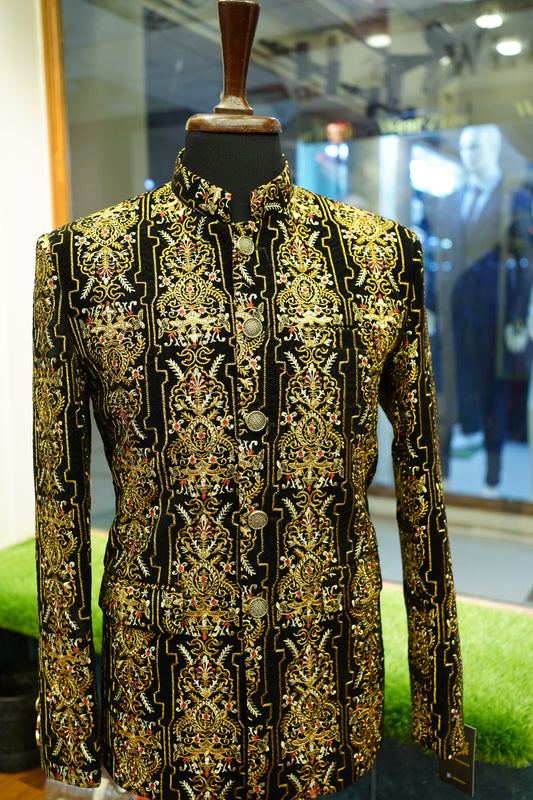 Regal Black Velvet Sherwani with Gold Embroidery