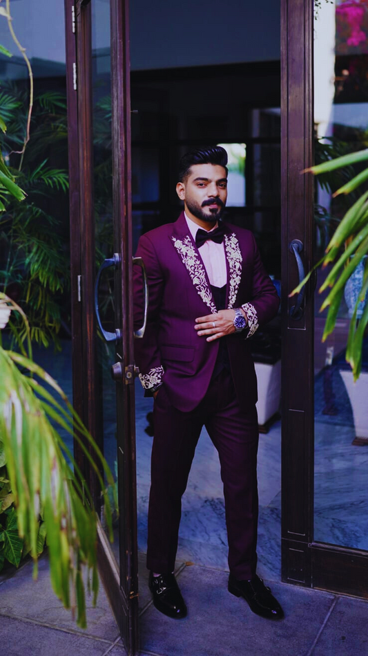 Plum Color Tuxedo With Golden Embroidery