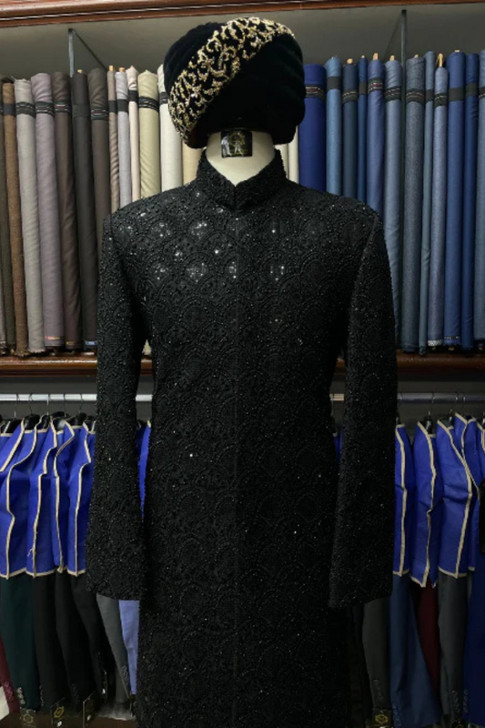 Midnight Black Messori Hand-Embellished Designer Sherwani