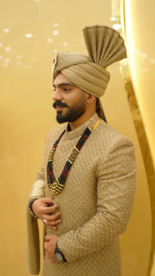 Golden Embroidered Sherwani Set with Turban and Mala