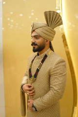 Golden Embroidered Sherwani Set with Turban and Mala