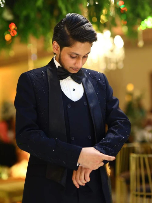 Midnight Navy Tuxedo Suit with Subtle Shimmer Embroidery