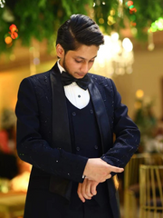 Midnight Navy Tuxedo Suit with Subtle Shimmer Embroidery