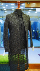 Black Front Open Prince Coat With Chikankari Kurta And Plain Black Pajama