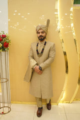 Golden Embroidered Sherwani Set with Turban and Mala