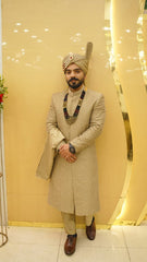 Golden Embroidered Sherwani Set with Turban and Mala