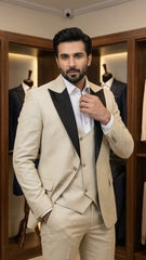 Beige three pieces suit with satin peaked lapel