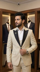 Beige three pieces suit with satin peaked lapel