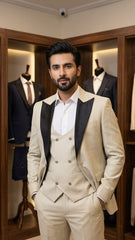 Beige three pieces suit with satin peaked lapel