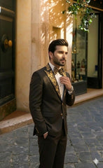 Tuxedo Suit With Golden Embroidery lapel