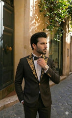Tuxedo Suit With Golden Embroidery lapel
