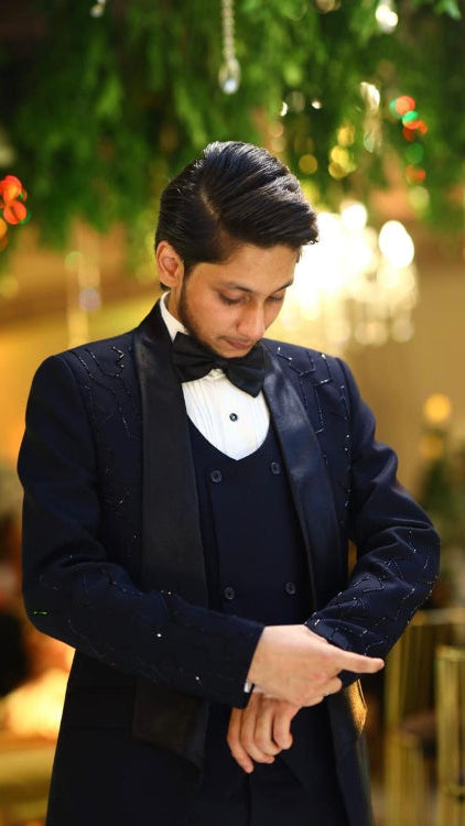 Midnight Navy Tuxedo Suit with Subtle Shimmer Embroidery