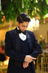 Midnight Navy Tuxedo Suit with Subtle Shimmer Embroidery