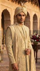 Luxury Golden Groom Sherwani – Premium Wedding Wear for Men