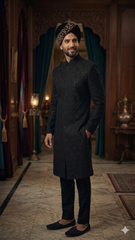 Midnight Black Messori Hand-Embellished Designer Sherwani