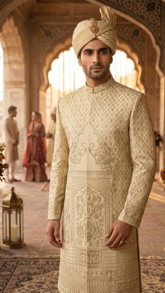 Luxury Golden Groom Sherwani – Premium Wedding Wear for Men